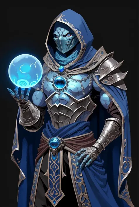 a filigree giant [metal|man|machine|shadow] creature with a blue orb core in chest, cloak, metal mask, dnd style, horror (theme),
