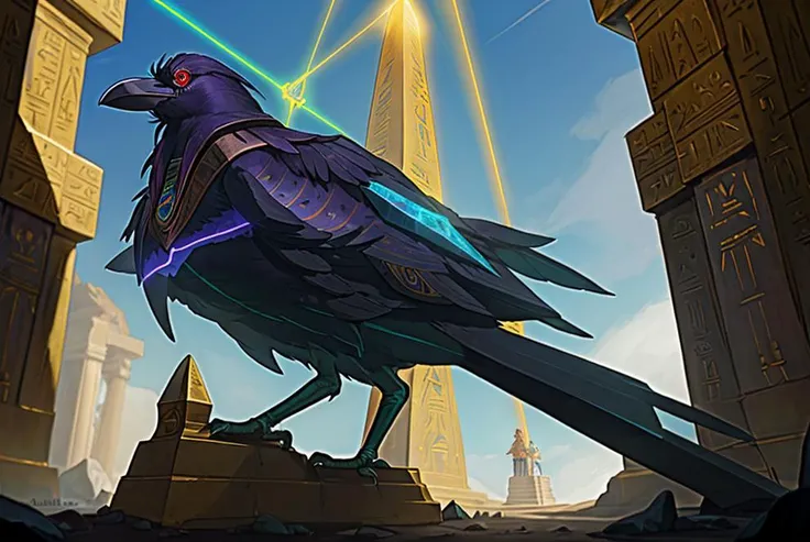 glowing engraved obelisk, gold, teal, ancient underground egyptian temple, science fiction, hdr, chromatic aberration, negative space AND raven, fog,