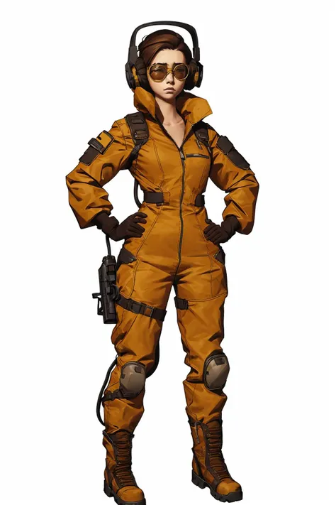 Post Apocalypse, Doomsday Wasteland Style, Concept Art, Figure Painting, 1 Girl, Solo, Brown Hair, Gloves, Boots, Full Body, Hands on Hips, Headphones, Standing, Tinted Glasses, Short Hair, Looking at the Audience, Goggles, Jumpsuit, Sunglasses, White Back...