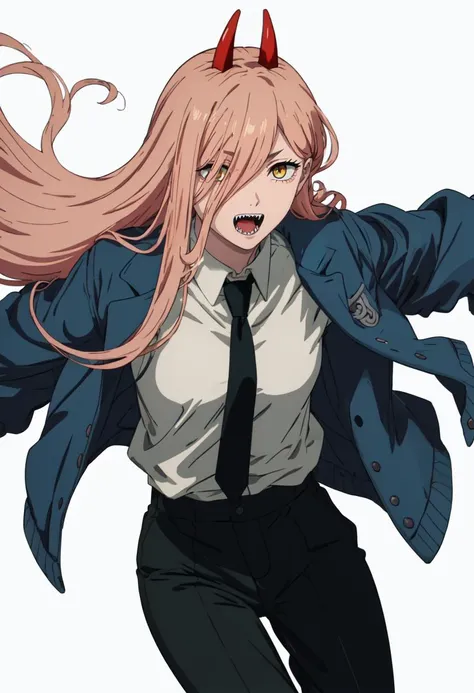 best quality, masterpiece, highres, solo, (power_chainsawman:1.10), 1girl, blue jacket, open mouth, white shirt, black necktie, pink hair, simple background, collared shirt, white background, black pants, sharp teeth, looking at viewer, red eyes, hair over...