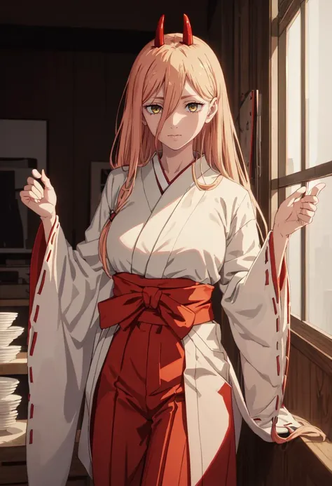 best quality, masterpiece, highres, solo, (power_chainsawman:1.10), (white kimono:1.35), (red hakama:1.35), (wide sleeves:1.20), anime_style, 25 <lora:power_chainsawman:0.80>