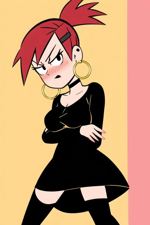 <lora:Frankie:0.7> , frankie foster, FostersStyle, (black pupils), red hair, black dress, gold hoop earrings, sexy pose, thighhighs, pink lipstick, hair clip, standing, medium breasts, crossed arms, arms under breasts, ponytail, flustered, blush, angry