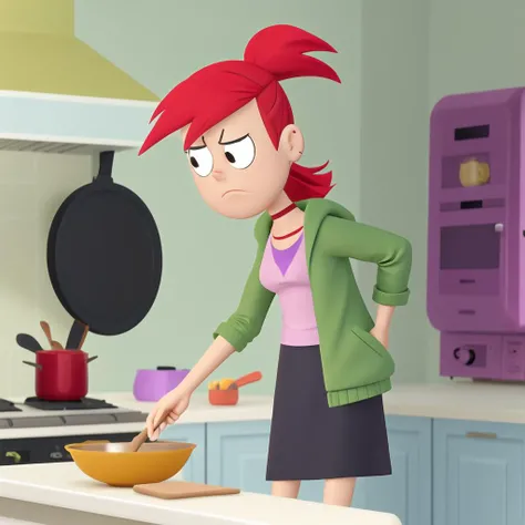 <lora:Frankie-20:0.82> frankie foster, (FosterStyle), (((black pupil))), excellent line work, green jacket,  masterpiece, high quality, kitchen background, purple skirt, very tired, messy hair, tank top, pony tail, grumpy, morning,