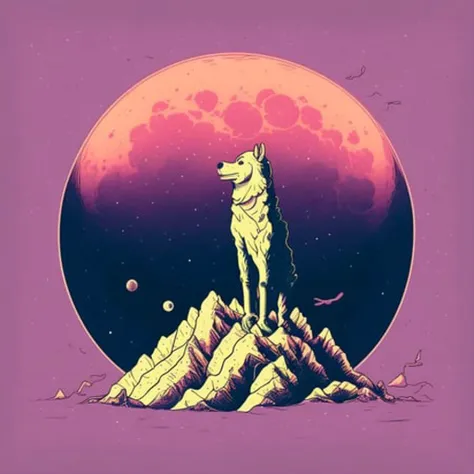 a dog standing on top of a pile of rocks in front of a full moon