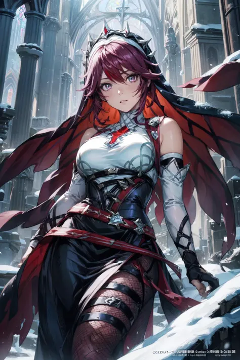 thick outlines, comics, photorealistic, 1girl, solo, <lora:rosaria:0.9>, rosaria(genshin impact), nun, short hair, red hair, purple hair, dress, bare shoulders, elbow gloves, fishnet pantyhose, snow, ruined church, detailed background, detailed face, detai...