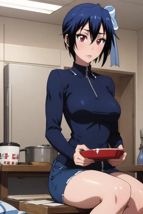 anime girl in blue dress sitting on a table with a bowl