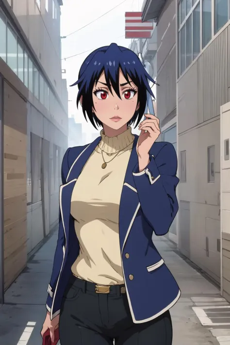 a woman in a blue jacket and white shirt talking on a cell phone