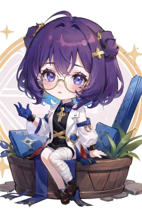 Solo, 1girl, short fluffy hair, dark purple hair, blue eyes, bandages, toolbox, science fiction, circle-glasses,  <lora:circle-glasses_v1.1:0.64>, chibi,   <lora:q-v1:1>