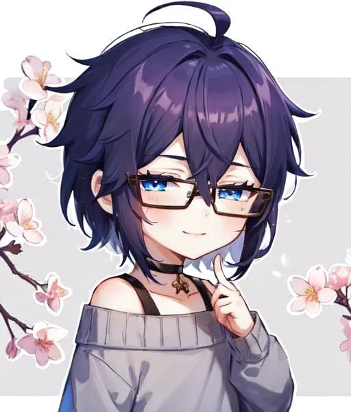 1boy, solo, male focus, purple hair, messy hair, bob cut, hair between eyes, blue eyes, glasses, cherry blossoms, light smile, grey sweater, off shoulder,  <lora:hotarueye_hosome1_v100:0.6>, chibi,  <lora:q-v1:1>