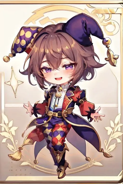 1boy, solo, brown hair, purple eyes, short shaggy hair, jester, :D, waist-up,   <lora:CourtJester-10:0.9>, JesterCh, circus, happy, full body, chibi, jester cap,  <lora:chibi-character-v3:1>,  <lora:hotarueye_hosome1_v100:0.4>