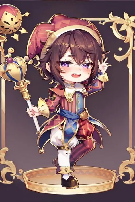 1boy, solo, brown hair, purple eyes, short shaggy hair, jester, :D, waist-up,   <lora:CourtJester-10:0.9>, JesterCh, circus, happy, full body, chibi, jester cap,  <lora:chibi-character-v3:1>,  <lora:hotarueye_hosome1_v100:0.4>