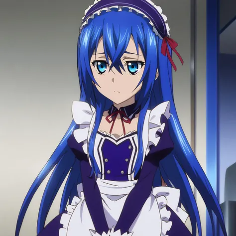 a close up of a person in a maid outfit with blue hair