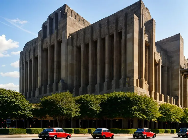 cars are driving down the street in front of a large building