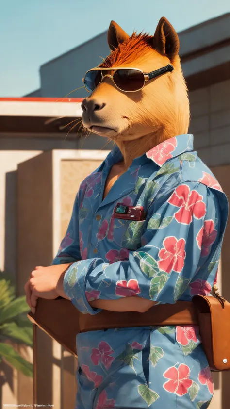 gangster capybara, boss, wearing hawaiian shirt, elegant and flamboyant, sharp focus, aviator eyewear, elegant proportions, muted colors, kodak colors, nikon photography, by Wes Anderson, color balance, uhd, 200mm
<lora:add_detail:0.4>
 <lora:tutus Vibrant...