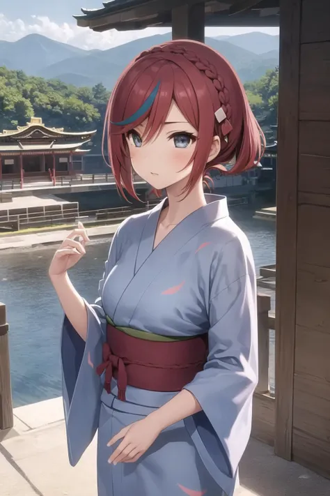 masterpiece,  1girl,  wixossRil, streaked hair, hair ornament, yukata, temple <lora:wixossril-nvwls-v1:1>,