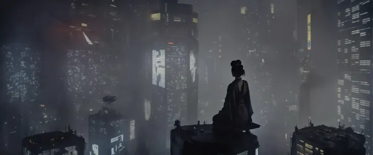 <lora:bldr-000007:0.8>bldr, a city at night with a lot of lights on the buildings with a geisha woman projected onto the side of a skyscraper, blade runner, retrofuturism