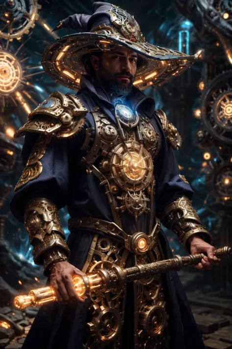 photo of a (arabian man), wearing mechanical wizard robe, wizard, (holding mechanical mage staff), glowing, mech4rmor, intricate mechanical armor design, mechanical witch hat, gears, (beard), muscular, realistic, masterpiece, intricate details, detailed ba...