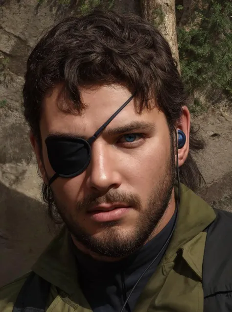 photorealistic, (40 years old), beard, eyepatch, blue eyes, straight hair, black earphones, (angry:0.9), looking away, realistic, masterpiece, intricate details, detailed background, depth of field