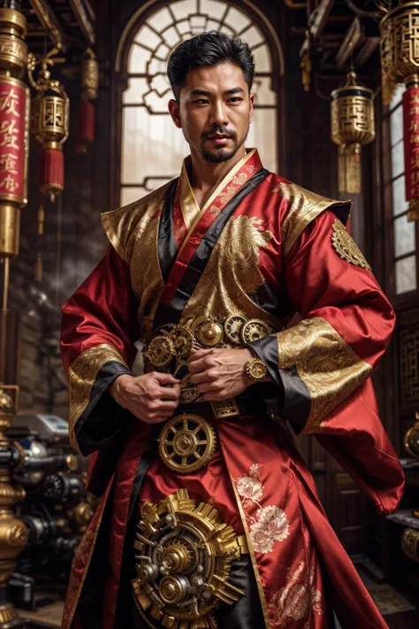 photo of a handsome 40 year old chinese man, emperor, silk4rmor, wearing silkpunk royal hanfu robe with intricate design, science fiction, silkpunk fantasy background, ancient east asian theme, dynamic pose, indoors, royal palace, face portrait, (close-up:...