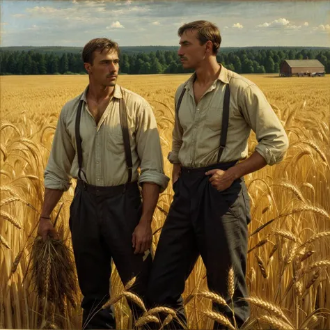 realist masterpiece by Winslow Homer, handsome men, farmers in a wheat field