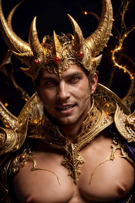 photo of a handsome (male demon) king, fr4ctal4rmor, wearing silver fractal ((demonic armor)), (fractal:1.2), darkfantasy, see-through, (evil smirk:0.9), teeth, stubble, (fractal demon horns), ((glowing red eyes)), (face portrait), (extreme close-up:1.3), ...