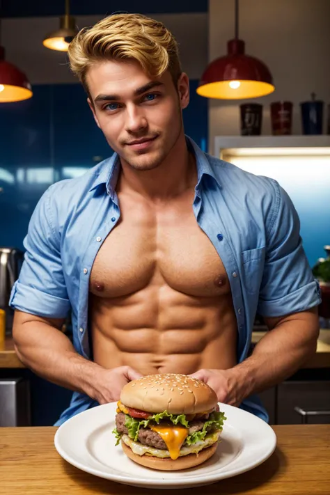 a homoerotic man sitting behind a diner counter looking at viewer with cheeseburger on a plate in front of them, button up shirt, muscular, barechest, pectoral cleavage, handsome masculine face, glossy lips, thick eyebrows, aroused, (happy expression:0.8),...