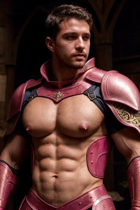 a gruff man in ((pink armor)) in a medieval fantasy setting, realistic, masterpiece, intricate details, detailed background, depth of field, (muscular), (large pectorals), (puffy nipples)