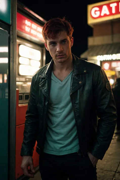 photo of an irish man in his 20s at the gas station in the middle of the night, neon signs, red hair, scared, wearing leather jacket, pants, cinematic, film still, rain, moody, realistic, highly detailed, realistic eyes, intricate details, detailed backgro...