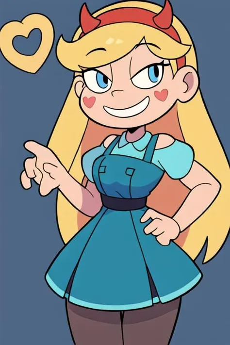 a cartoon girl with blonde hair and horns pointing at something