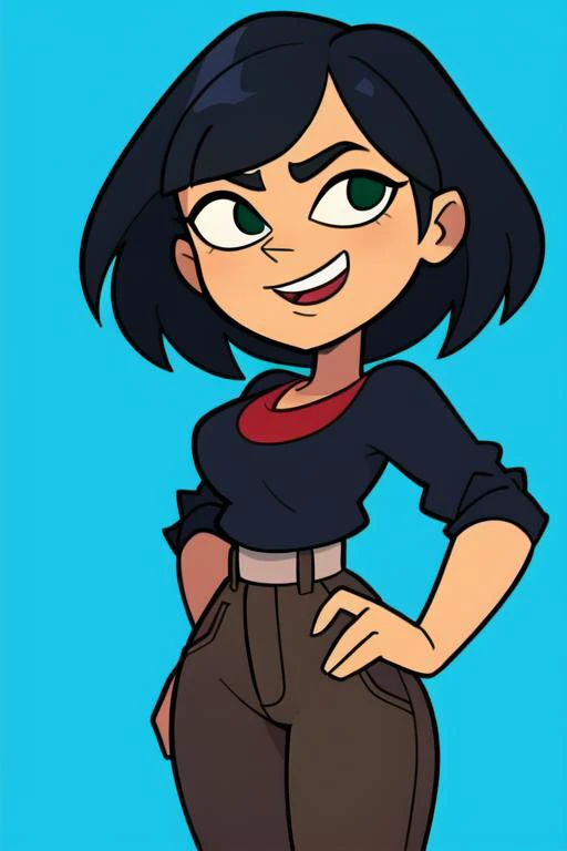 a cartoon girl with black hair and a red collared shirt