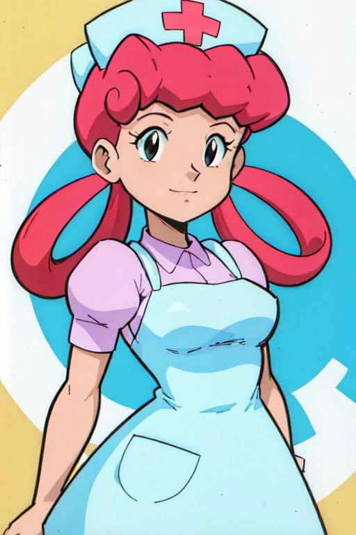 a cartoon nurse with a pink hair and a blue apron