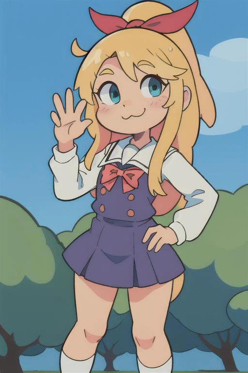 a cartoon girl in a school uniform is standing in the grass