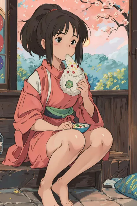 (masterpiece:1.4), (best qualit:1.4), (high resolution:1.4), ogino chihiro, ponytail, yunaifomu, eating onigiri, barefoot ,color...