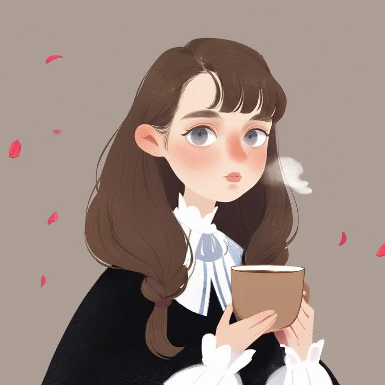 a cartoon girl with a cup of coffee and a book