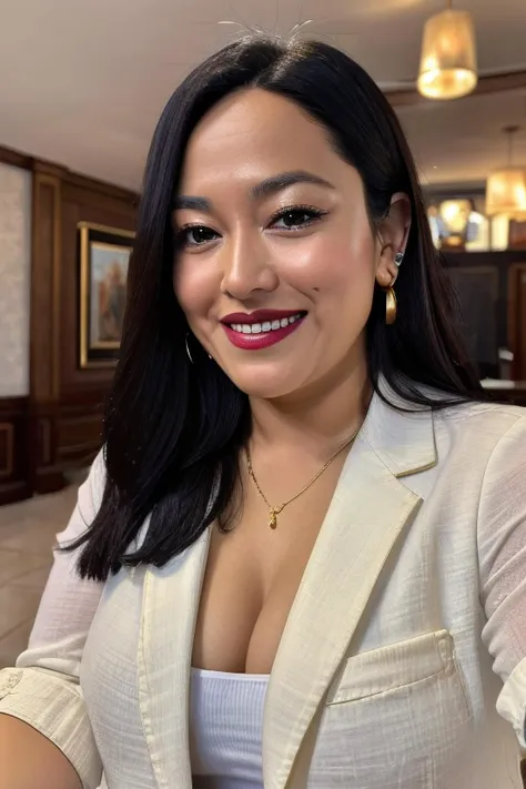 a close up of a woman in a white blazer and a white top