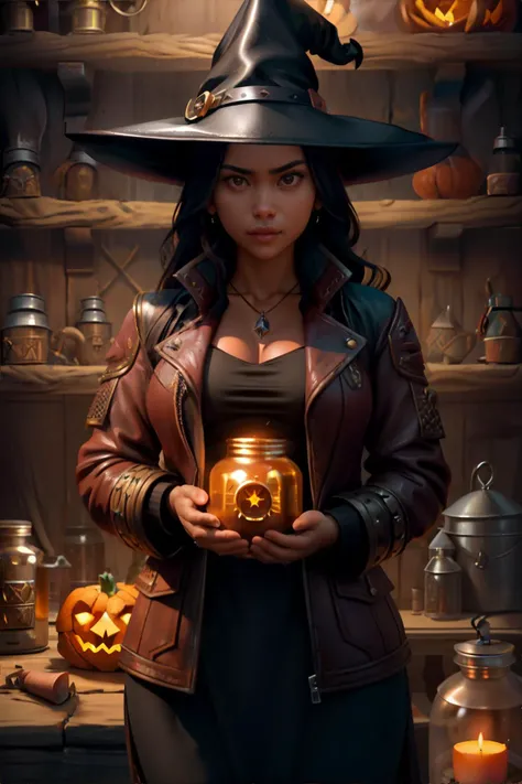 woman wearing leather sherpa lined jacket, witch's workshop, shelves stocked with potions and jars of magical ingredients, bubbl...