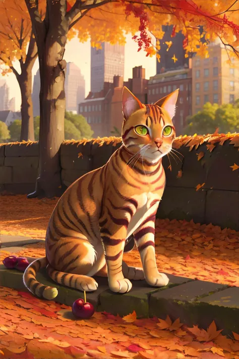 snuggly tabby cat, city park in autumn, piles of autun leaves, golden sunlight, plum, cranberry red, sage green  || masterpiece,...