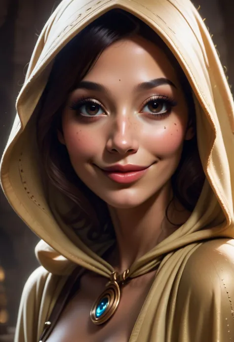 score_9, score_8_up, score_7_up, score_6_up, score_5_up, score_4_up,   1woman, wearing a cloth hood, mysterious, beautiful brown eyes, large lips, realistic, beautiful eyes,  high quality, extremely detailed, freckles, smiling