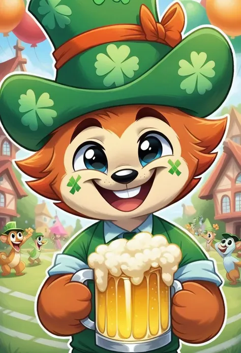 score_9, score_8_up, score_7_up, score_6_up, score_5_up, score_4_up, 1 cute leprechaun, clovers, St. Patricks day party background, beer, happy, perfect face, funny hat, rating_safe