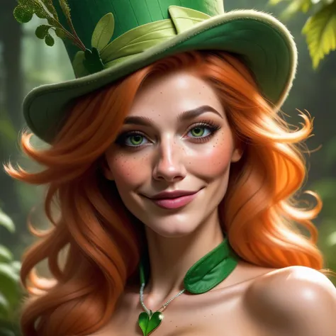 score_9, score_8_up, score_7_up, score_6_up, score_5_up, score_4_up, 1girl, freckles, realistic,  orange hair, beautiful eyes, wearing a shamrock necklace, leprechaun top hat, leprechaun woman, lush green irish forest background, rating_safe, shy smile, lu...