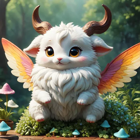 score_9, score_8_up, score_7_up, score_6_up, score_5_up, score_4_up,, ugly-cute furry creature with oversized big beautiful eyes, floppy ears, tiny wings, fluff-covered horns, sitting in a garden, whimsical background with sparkling mushrooms, pastel color...