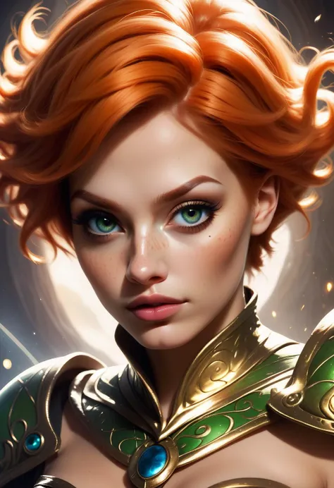 score_9, score_8_up, score_7_up, score_6_up, score_5_up, score_4_up, high quality, 1woman, realistic, wearing armor, short orange hair, beautiful eyes, fantasy, extremely detailed, dark green eyes, freckles