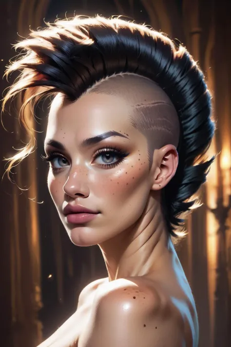 score_9, score_8_up, score_7_up, score_6_up, score_5_up, score_4_up, 1woman, realistic, freckles, mohawk, fantasy, extremely detailed, beautiful eyes