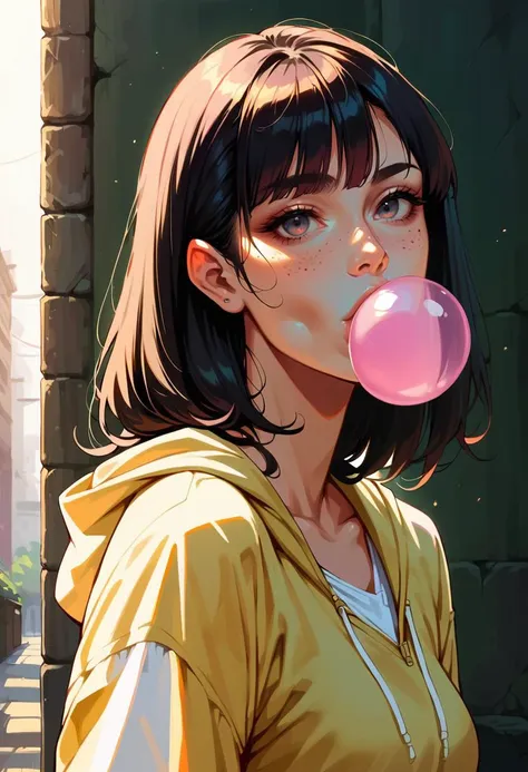 anime girl blowing a bubble with a yellow hoodie