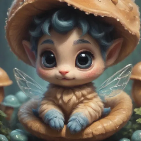 score_9, score_8_up, score_7_up, score_6_up, score_5_up, score_4_up,UHD, adorable, chibi, fluffy, tiny, creature, tiny wings, sitting on mushroom, solo, looking_at_viewer, big eyes, freckles, black_eyes, no_humans, animal, fairy light, animal_focus