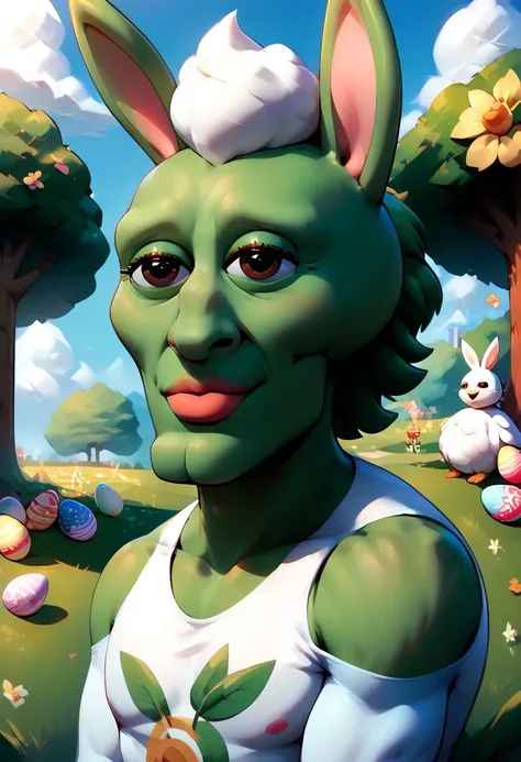 a close up of a cartoon character with a bunny hat on