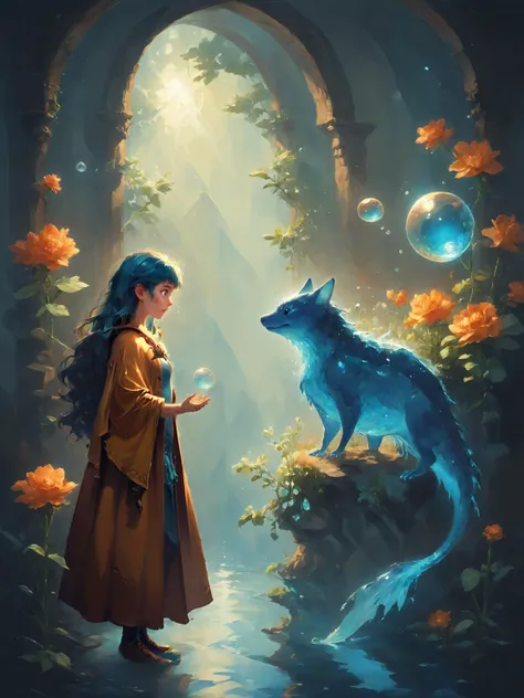 a woman in a brown coat standing next to a blue wolf