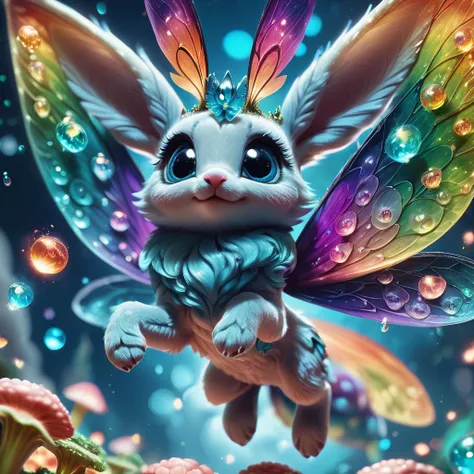 score_9, score_8_up, score_7_up, score_6_up, score_5_up, score_4_up, A fluffy, cloud-like fluffy creature with huge shimmering butterfly wings and big ears, playfully bouncing on giant rainbow mushrooms, bioluminescent, ethereal, fantasy, dreamlike, bokeh