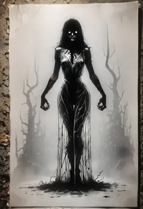 1girl, photo of possessed girl, (wearing an old white dress:1.2), (transparent dress:1.2), demonic, evil, sinister, horror, dirty, filthy, pale skin, tiny breasts, hourglass figure, wide hips, moody lighting, from the front