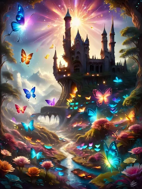 a painting of a castle surrounded by butterflies and flowers